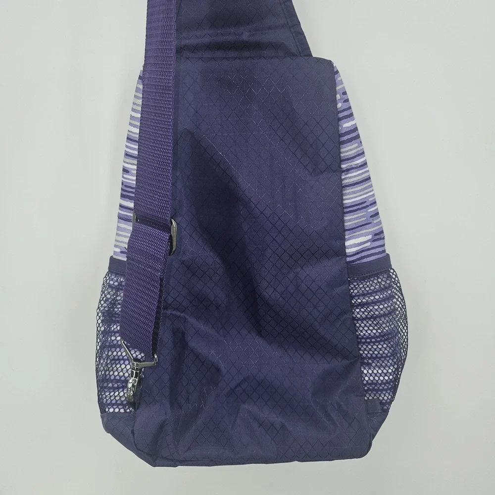 Thirty-One Sling Backpack‎ Bag Purple Stripe Crossbody Zip Pockets Travel